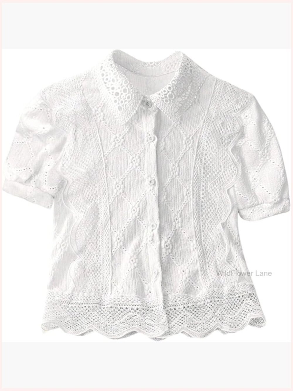 Puff Short Sleeve Blouse Button Down Collar Embroidered Scalloped Top